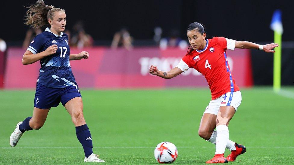 The women's football team playing football.