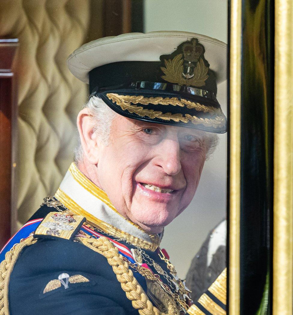 King Charles III travels down the Mall by carriage on his was to the Houses of Parliament for The State Opening of Parliament on November 07, 2023 in London, England.