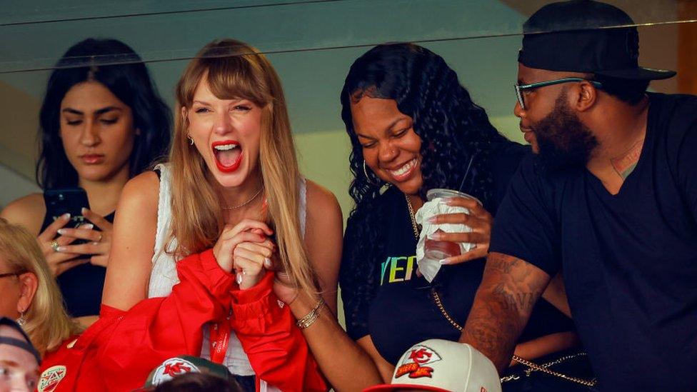 Taylor Swift watches during a regular season game between the Kansas City Chiefs and the Chicago Bears at GEHA Field at Arrowhead Stadium on September 24, 2023 in Kansas City, Missouri