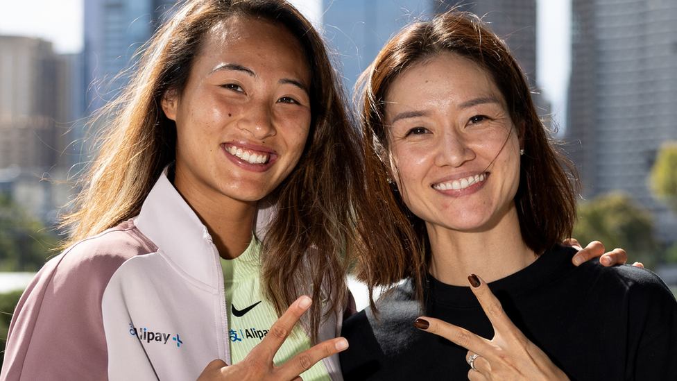 Zheng and Li flash peace signs and smile in a meeting at the Australian Open in Melbourne this week