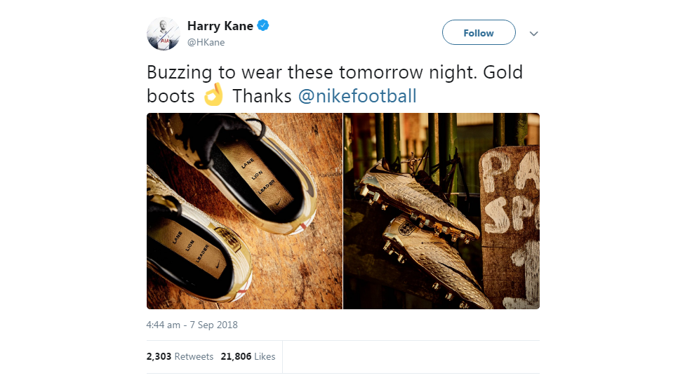 Harry Kane tweets a picture of his new golden boots