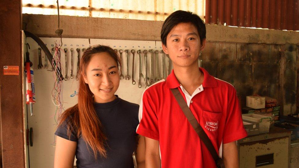 Rinlinee Sombat and Ponrawee Tachavandee pictured in the garage where the father of one of the boys works