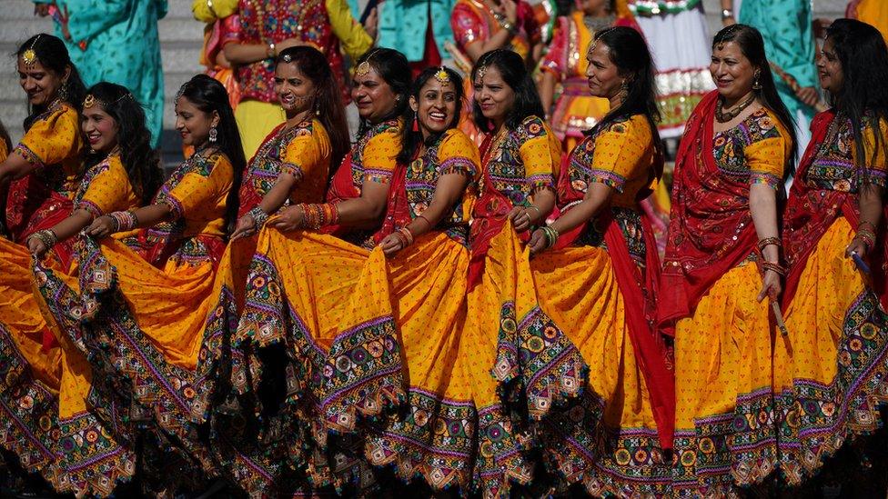 Dancers perform during the Diwali on the Square celebration, in Trafalgar Square,