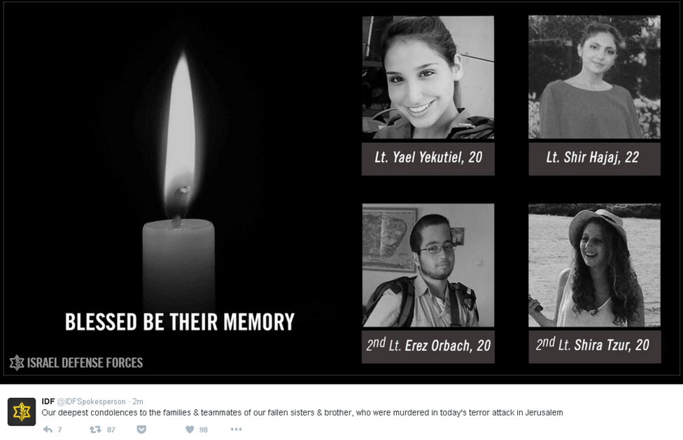 Screengrab of IDF tweet showing pictures of four soldiers who died and saying: "Our deepest condolences to the families and teammates of our fallen sisters and brother, who were murdered in today's terror attack in Jerusalem."