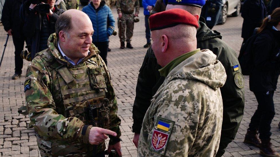 Defence Secretary Ben Wallace meeting Ukrainian soldiers being trained at a British Army base in Dorset