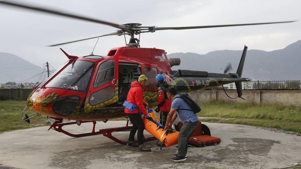 The body of Swiss climber Ueli Steck arrives at the helipad of Teaching Hospital in Kathmandu, Nepal, 30 April 2017