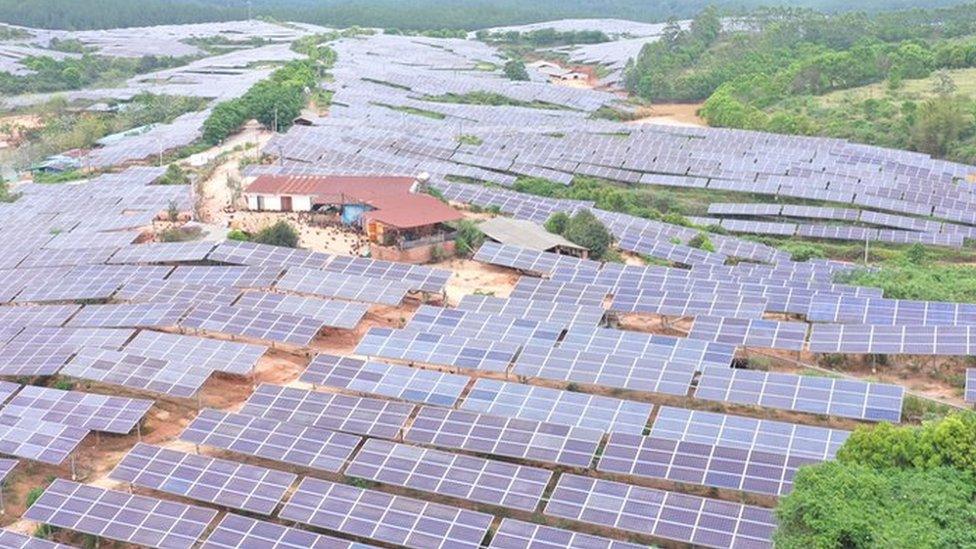 Rows of solar panels surrounding a house