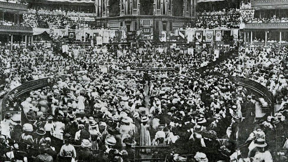 National Union of Women's Suffrage Societies (suffragists) meeting in the Royal Albert Hall 13 June 1908