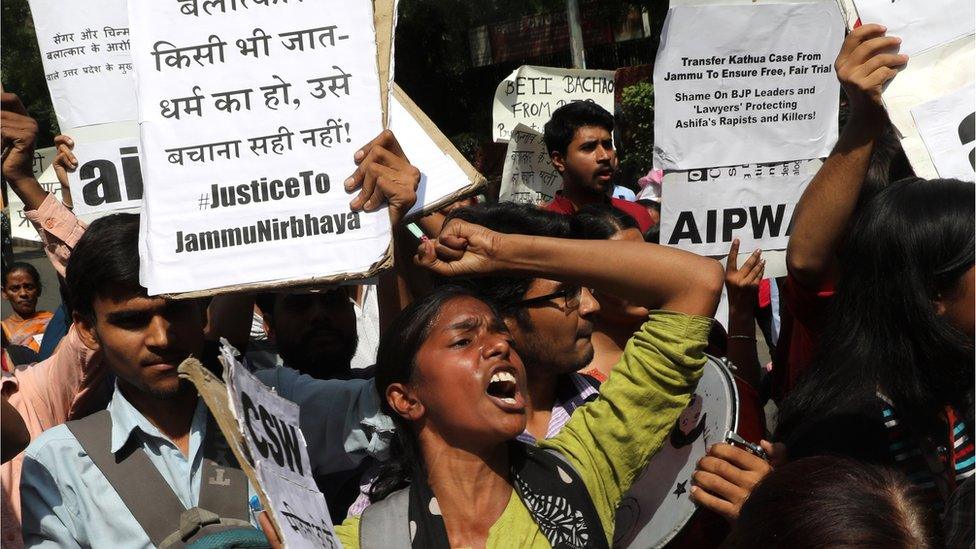 A woman reacts at a protest against the rape of an eight-year-old girl, in Kathua, near Jammu and a teenager in Unnao, Uttar Pradesh state, in New Delhi, India April 12, 2018.