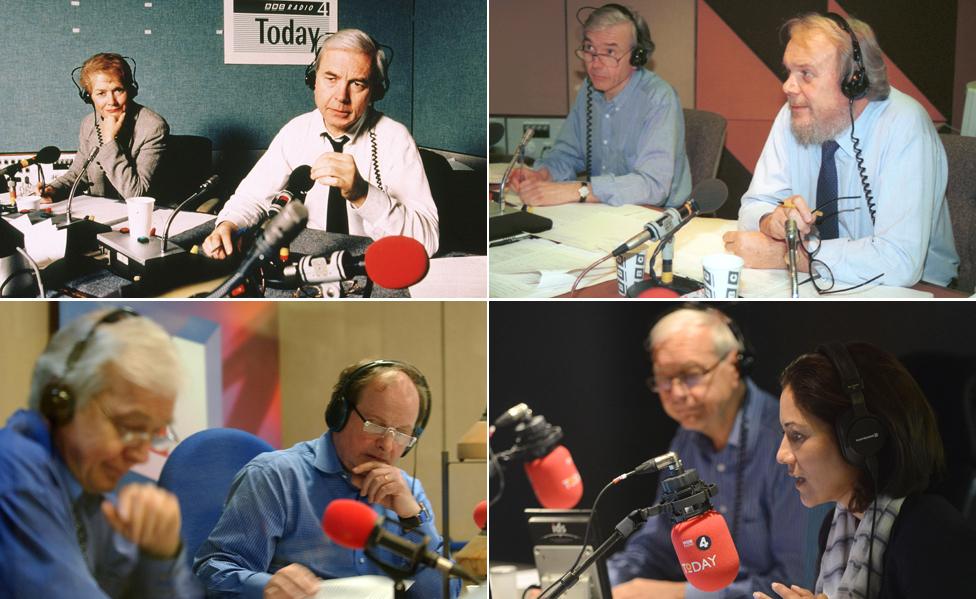 Humphrys presenting Today with (clockwise from top left), Sue McGregor, Brian Redhead, Mishal Husain and James Naughtie