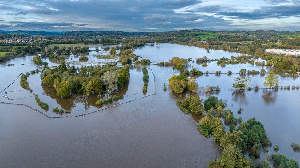 An aerial view of flooded fields near Derby rugby Club after the River Derwent burst its banks during storm Babet