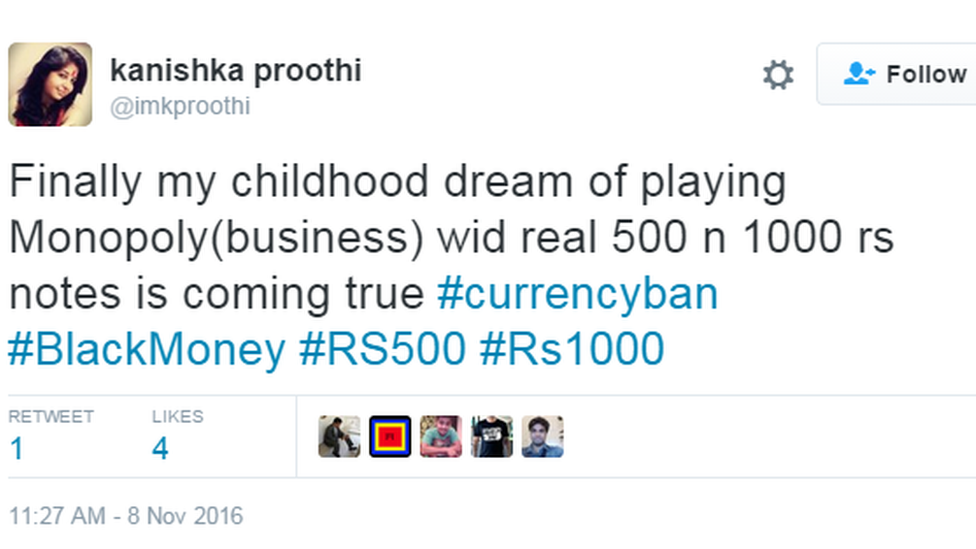 "Finally my childhood dream of playing Monopoly wid (sic) real 500 and 1000rs notes is coming true", says this twitter user