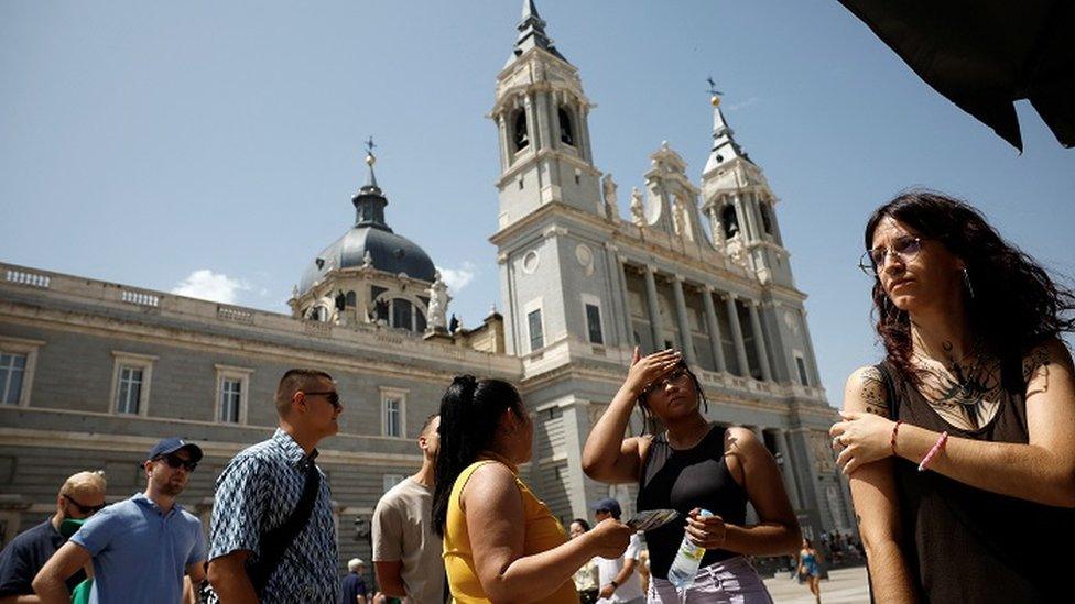 An image showing tourists queuing to enter the Royal Palace museum amid a heatwave in Madrid, Spain