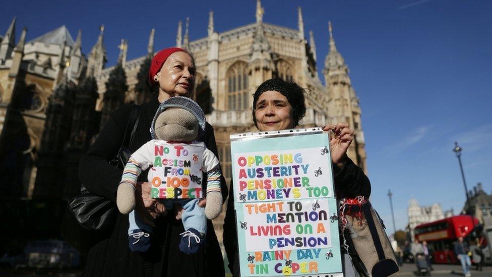 Pensioners protesting outside Parliament