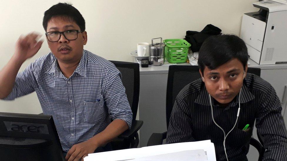 Reuters journalists Wa Lone (L) and Kyaw Soe Oo, who are based in Myanmar, pose for a picture at the Reuters office in Yangon, Myanmar 11 December 017