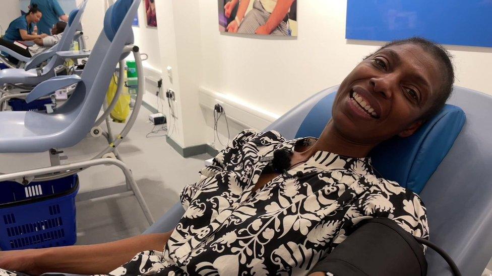 Sharon White giving blood