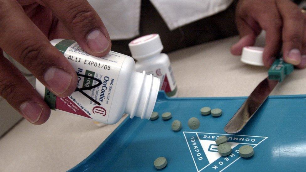 The prescription medicine OxyContin is displayed August 21, 2001 at a Walgreens drugstore in Brookline, MA.