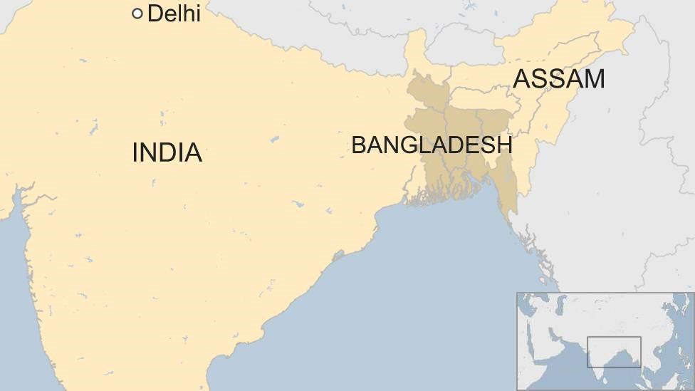 Map of India and Bangladesh with Assam m