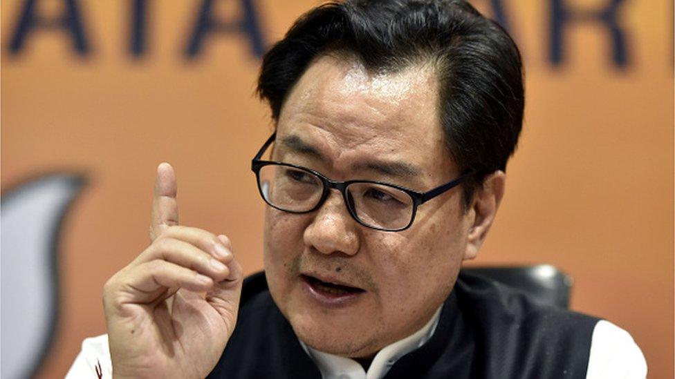 Minister of Law and Justice Kiren Rijiju addressing a press conference on the issue of Emphasising the Centres developmental feat in the northeastern region of the country, at BJP HQ, on April 2, 2022 in New Delhi