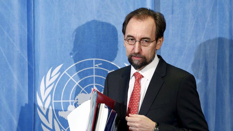 (U.N.) Human Rights High Commissioner Zeid bin Ra"ad Al Hussein arrives for a media briefing in Geneva, Switzerland, February 1, 2016.