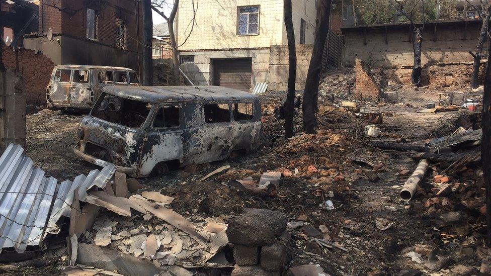 A picture of the Russian city of Rostov after a suspected arson attack. In an arson attack in Rostov, buildings were burnt to the ground, 118 houses were damaged and one person was killed. The Russian Liberation Movement claimed responsibility, but there's no indication the group had anything to do with the attack - or is even a real group of fighters at all