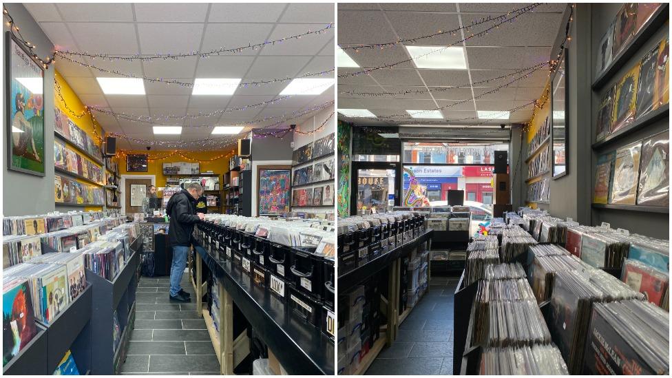 Tu fewn i siop recordiau The Record Exchange