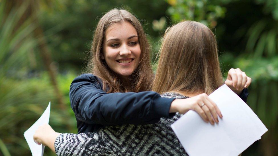 Ruby Garden (left) and Amy Lloyd-Thomas collect their GCSE results at Ffynone House School in Swansea