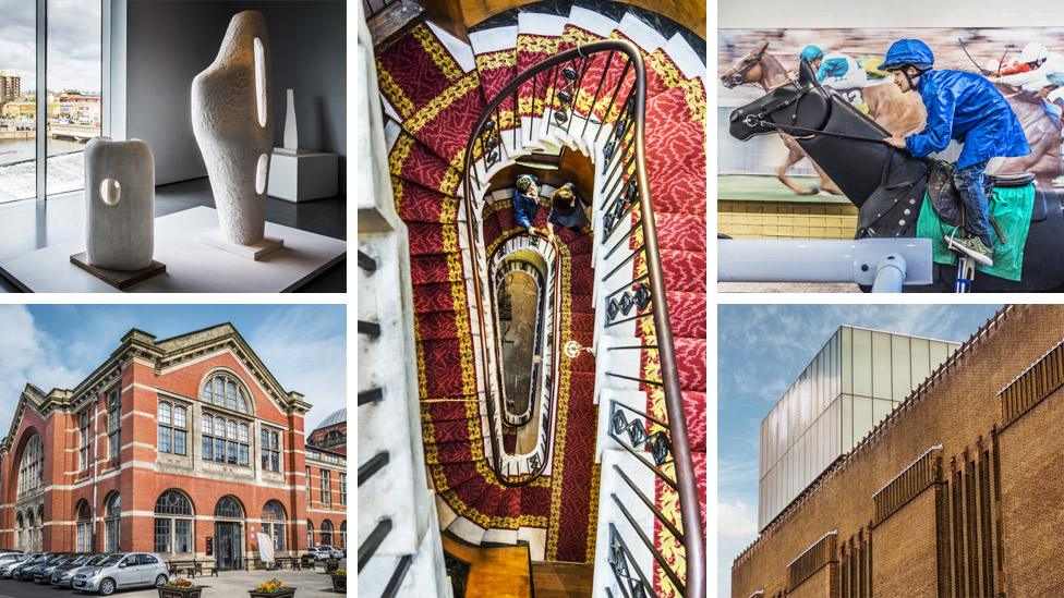 Hepworth Wakefield (top left), Sir John Soane's Museum (centre), National Heritage Centre for Horseracing (top right), Tate Modern (bottom right) and Lapworth Museum of Geology (bottom left)