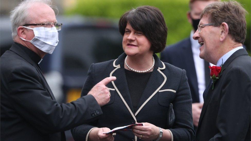 The Bishop of Derry, Donal McKeown welcomes First Minister Arlene Foster and former SDLP MLA Tommy Gallagher to the cathedral