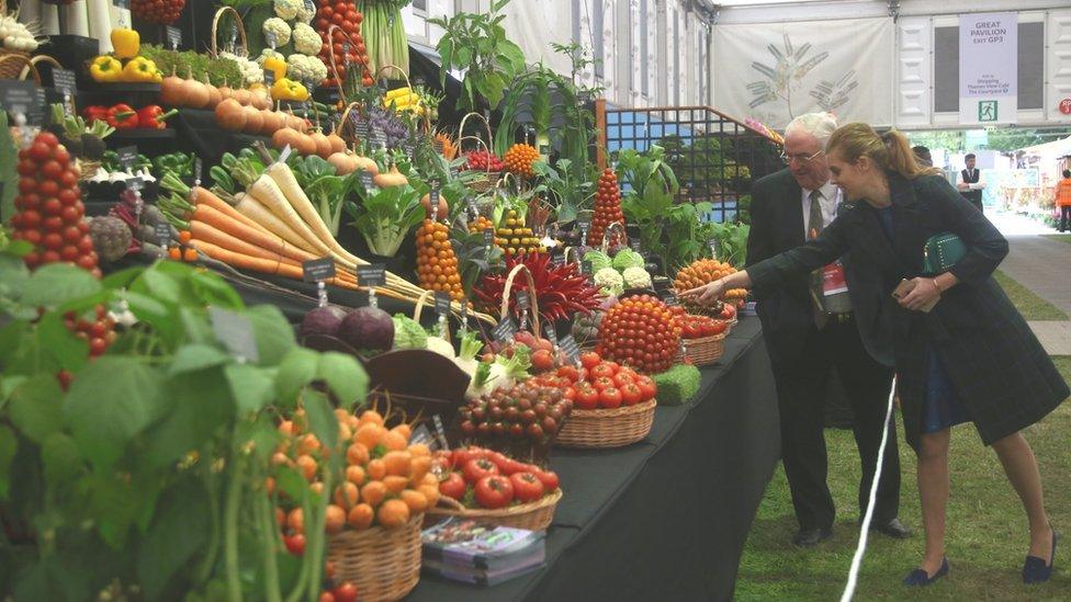 Medwyn Williams shows Princess Beatrice of York his vegetable display at the RHS Chelsea Show, 2019