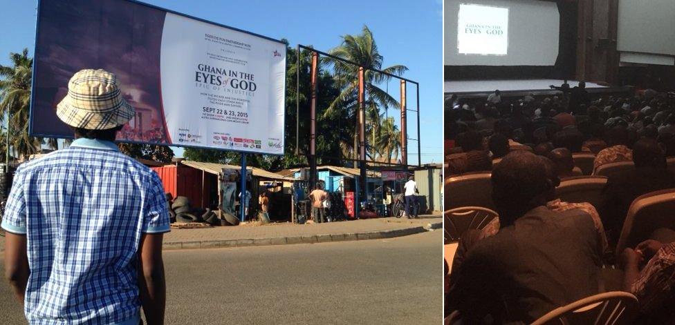 Anas Aremeyaw Anas looking at the billboard and a full screening