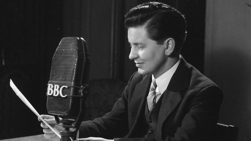 Richard Baker reading the BBC TV News at 7.30pm on 5th July 1954