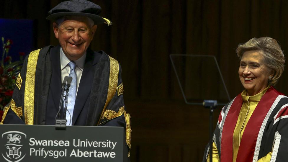 Prof Richard B Davies presenting an honorary doctorate to former US Secretary of State Hillary Clinton in 2017