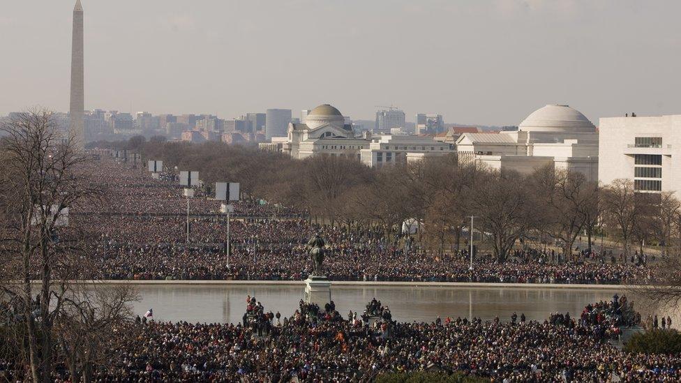 Crowds gather on the National Mall for the inauguration of Barack Obama.