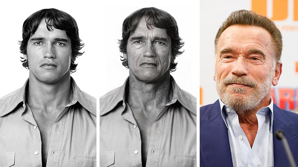 Composite image of Arnold Schwarzenegger before the app, after it and what he looks like now