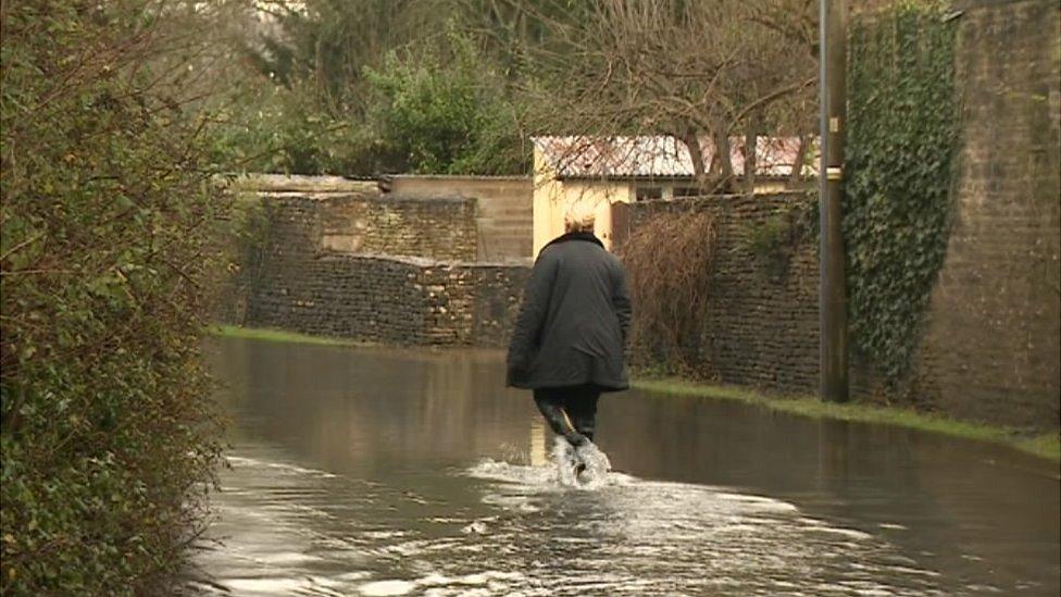 Flooding in the village of Siddington, south of Cirencester on the River Churn