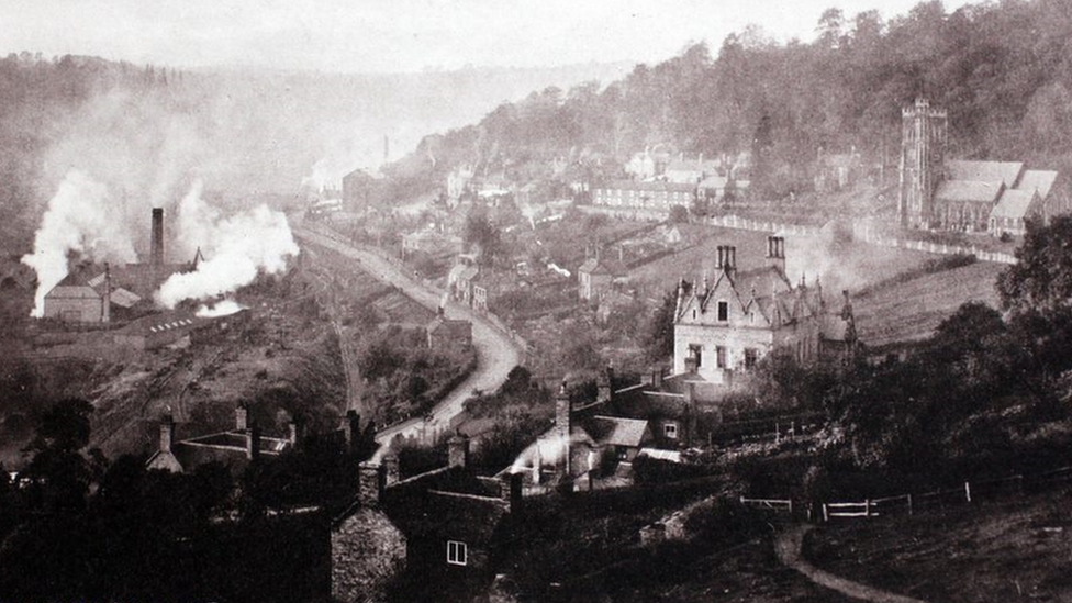 A general smoky industrial scene of the Coalbrookdale ironworks