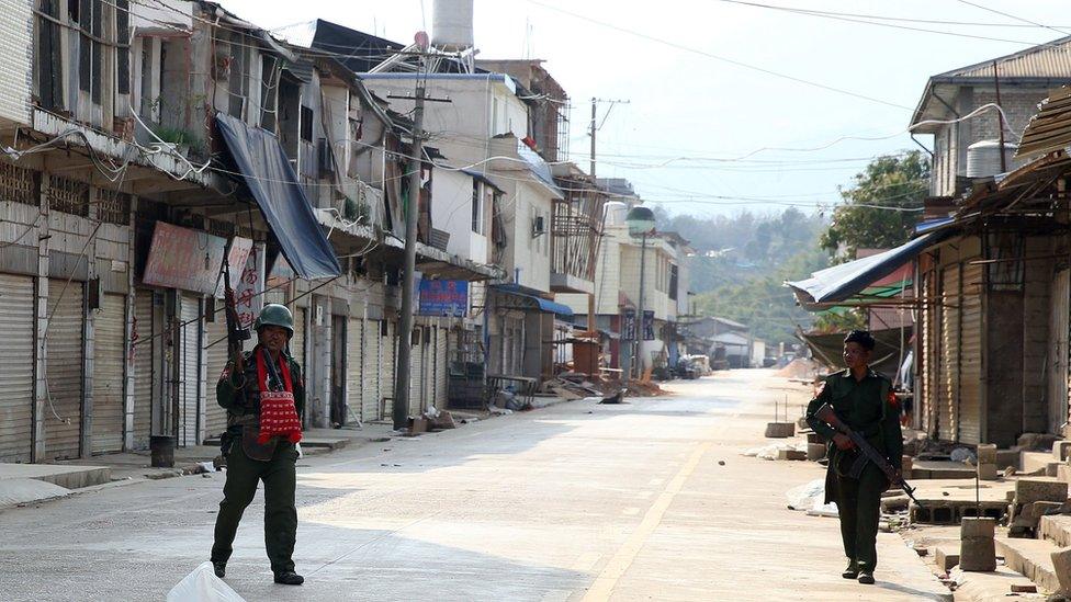 Myanmar soldiers patrol in Laukkai, the main city in the Kokang region of Shan state, on 16 February, 2015.