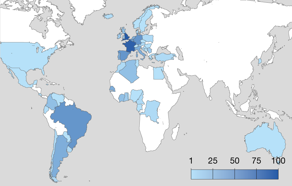 Map showing nationalities of players linked with moves