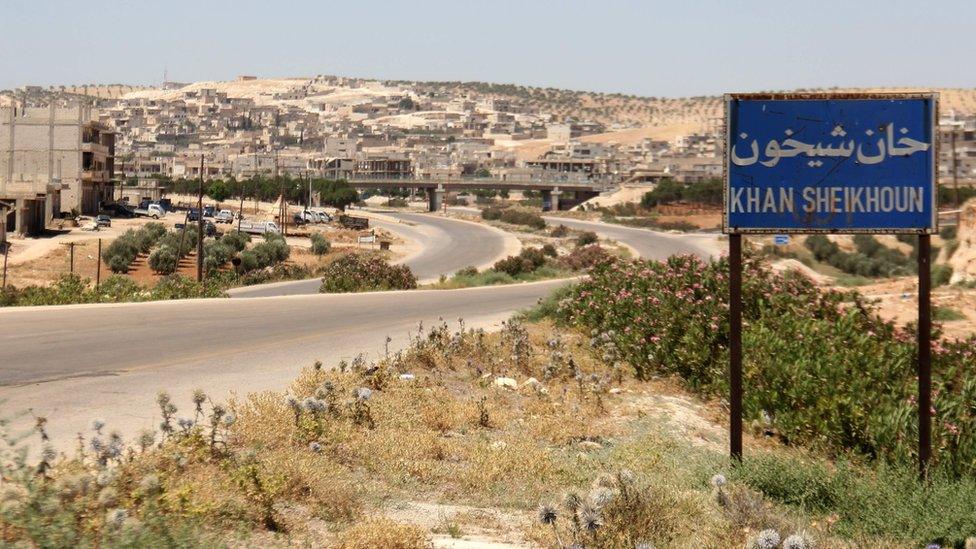 Entrance to Khan Sheikhoun, northern Syria (12 July 2017)