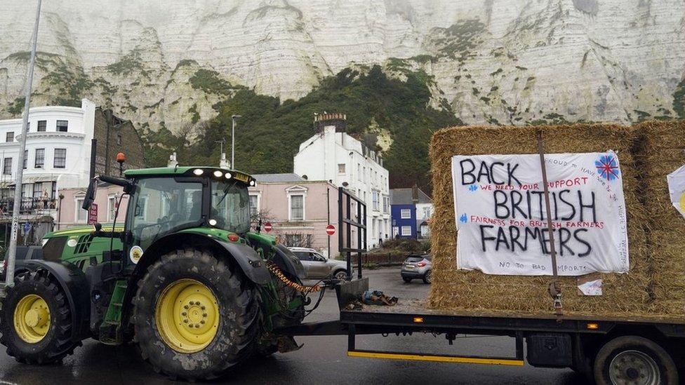 Farmers using their vehicles to protest against cheap meat imports drive past the Port of Dover in Kent