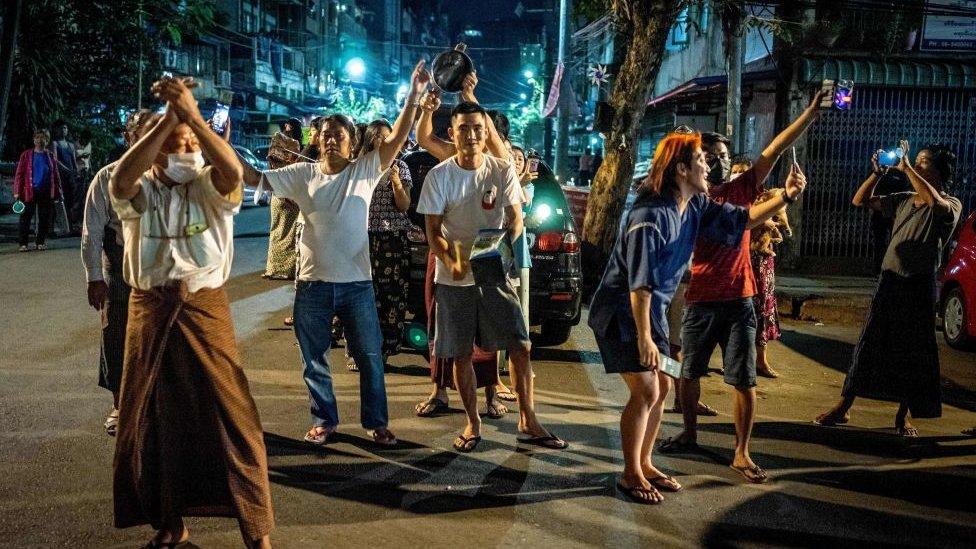 Protesters against the coup in Myanmar on the streets of Yangon, 3 February 2021