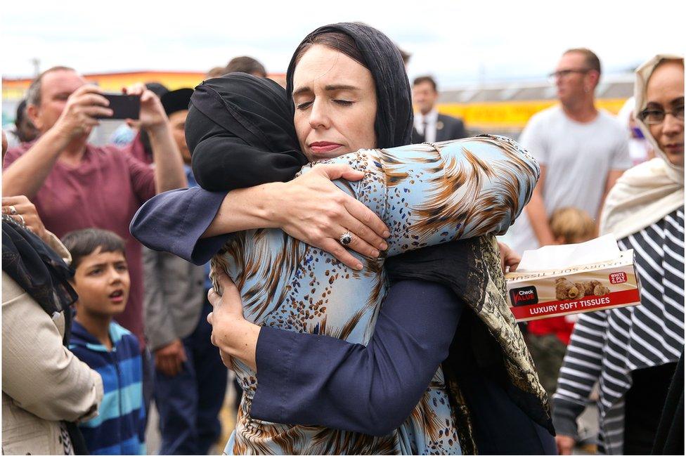 New Zealand Prime Minister Jacinda Ardern hugs a female member of the Muslim community on 17 March 2019 in Wellington, New Zealand.