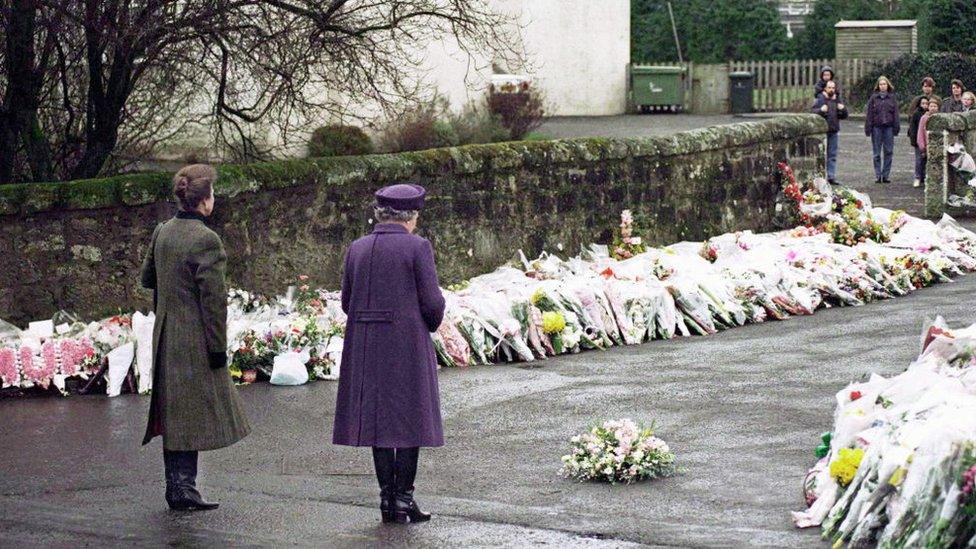 The Queen and Princess Anne at Dunblane Primary School, where 16 children and their teacher were killed by a gunman