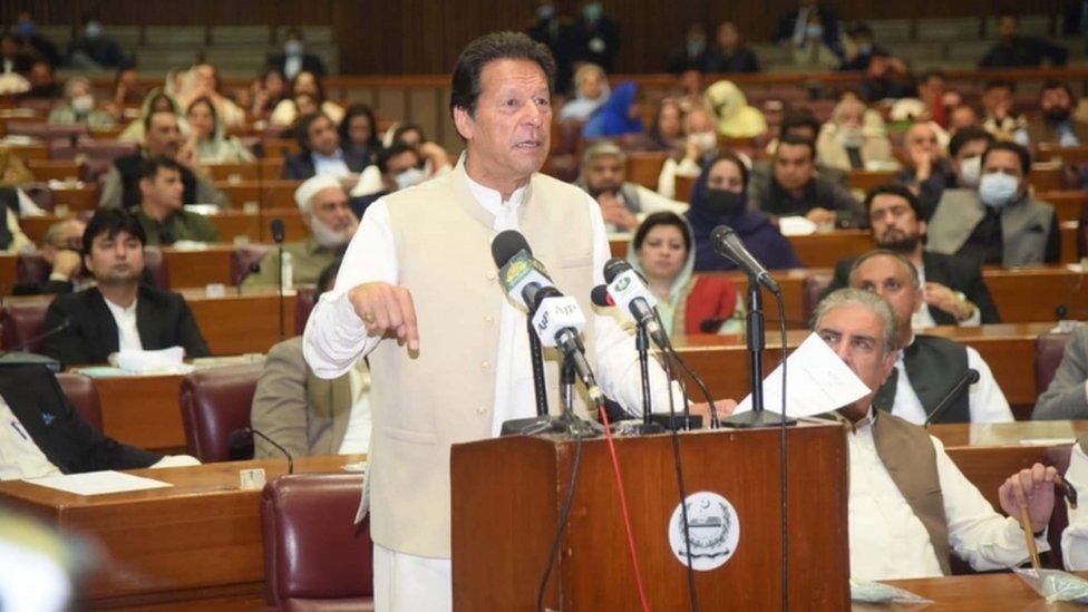 PM Imran Khan talks during vote of confidence session in parliament