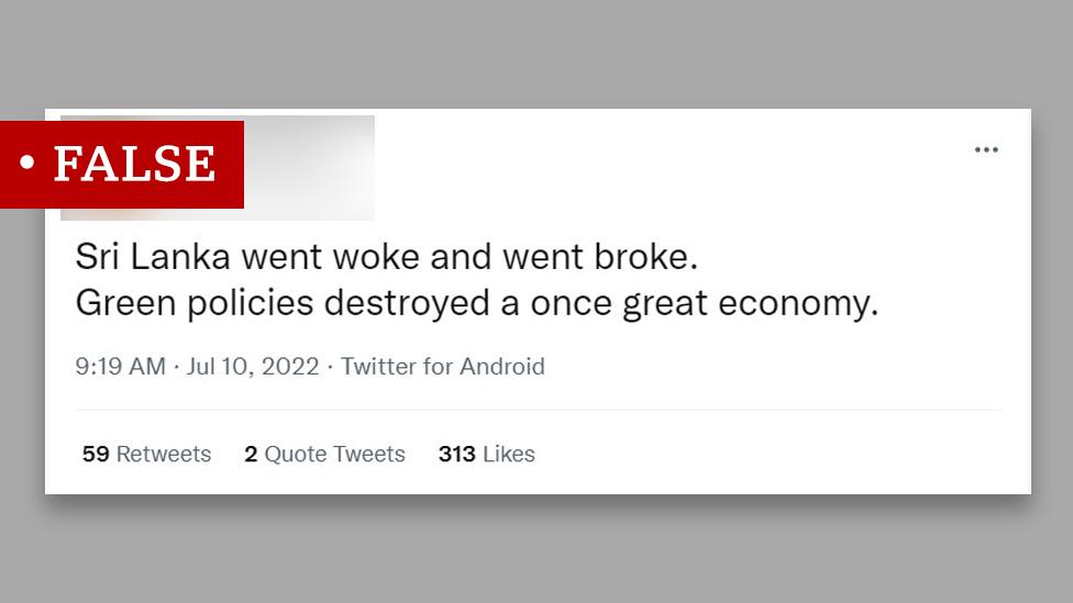 Screenshot of a tweet saying: "Sri Lanka went woke and went broke. Green policies destroyed a once great economy."