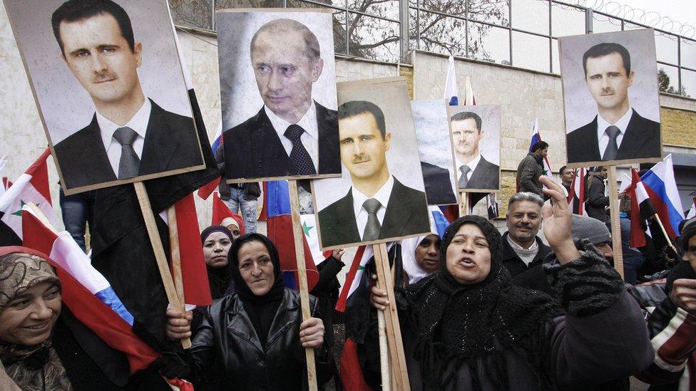 Pro-Syrian government protest in front of the Russian Embassy in Damascus. March 2012