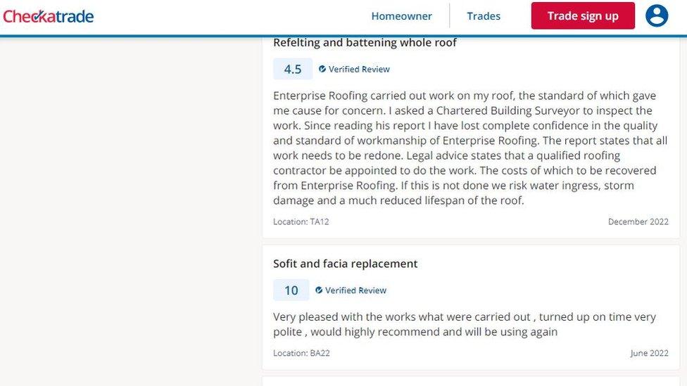 Screenshot showing reviews from Checkatrade website