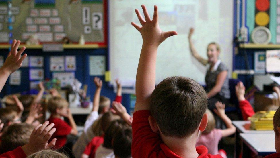 Pupils in a primary school put their hand up