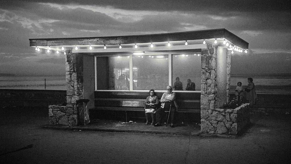 Beach shelter at night in Rhyl